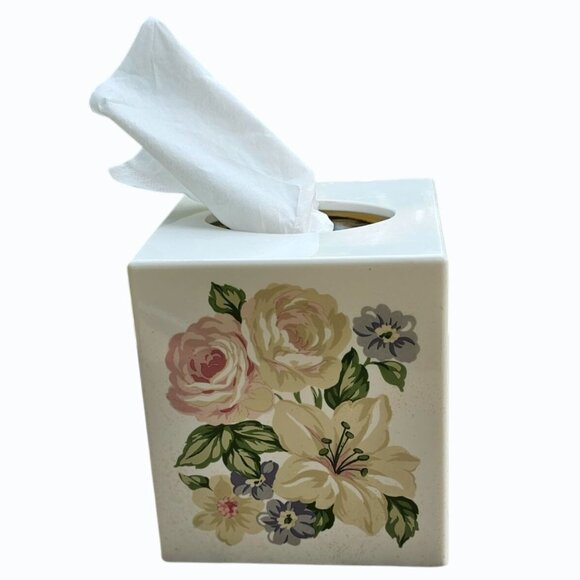 Vintage Cube Tissue Holder for Vanity "Passion Flower" Made in USA Pastel Floral - Picture 3 of 8